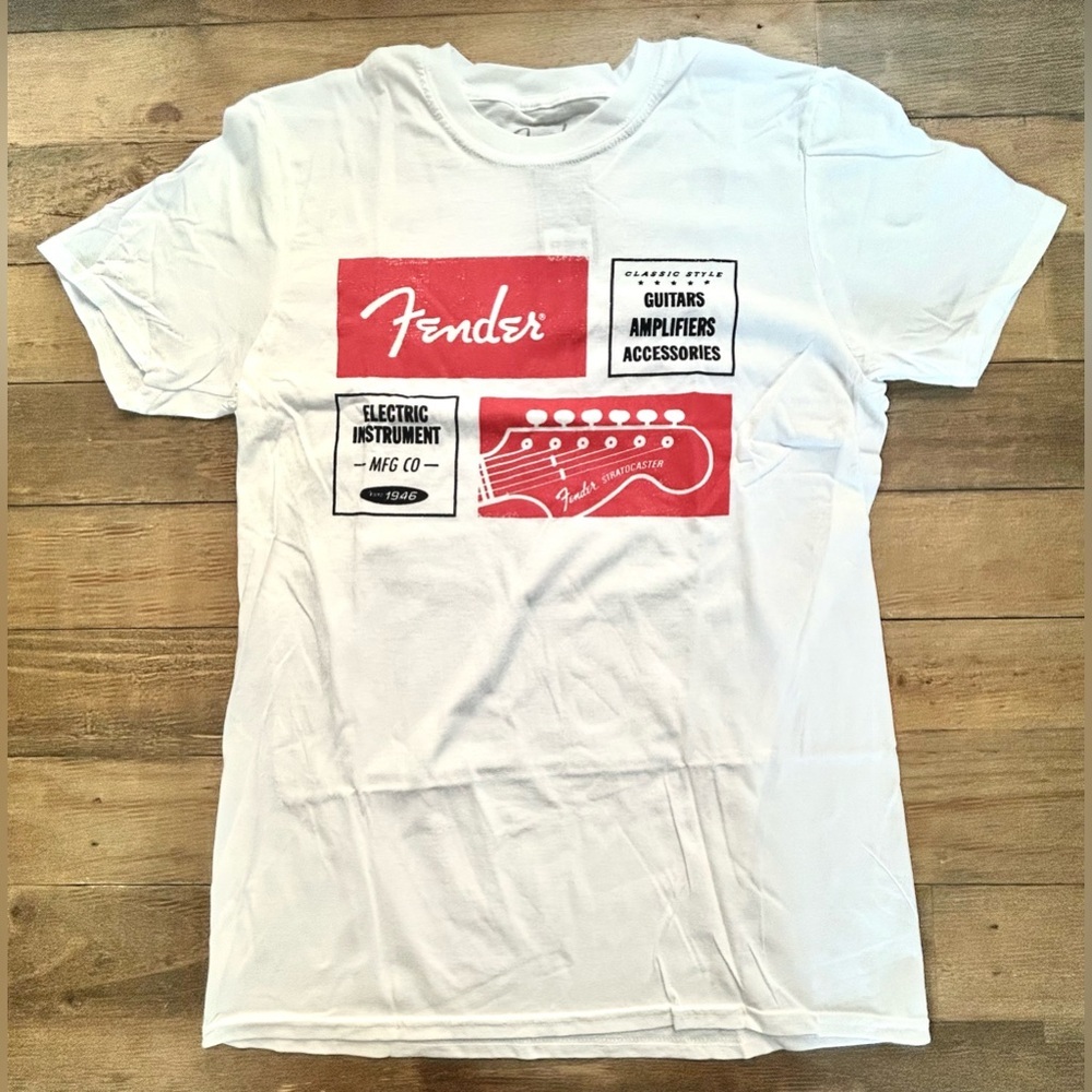 FENDER Electric Instrument White Tee black and red Guitar graphics Unisex